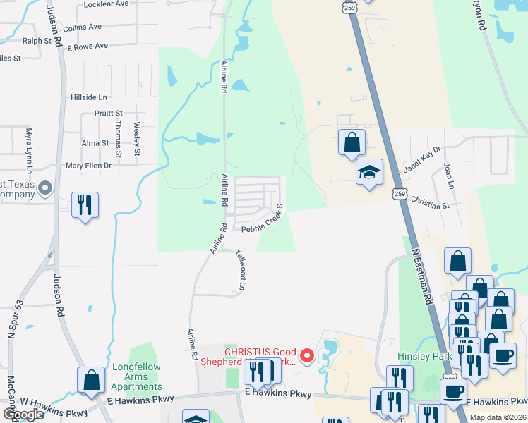 map of restaurants, bars, coffee shops, grocery stores, and more near 39 Pebble Creek Drive in Longview