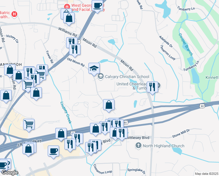 map of restaurants, bars, coffee shops, grocery stores, and more near 7490 Old Moon Road in Columbus