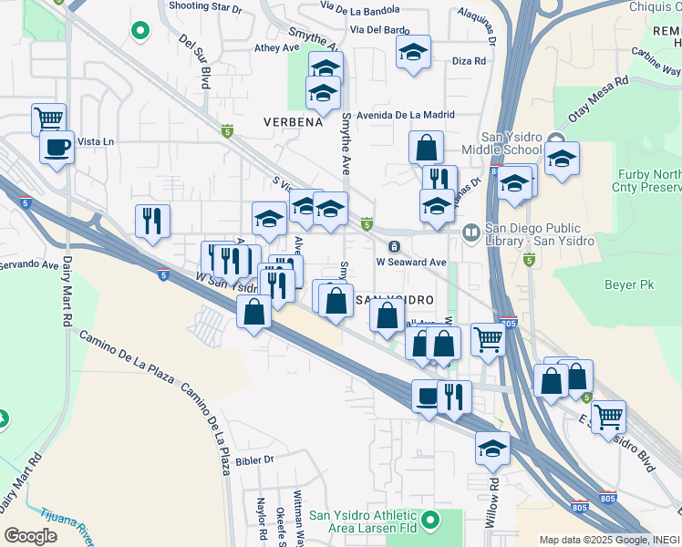 map of restaurants, bars, coffee shops, grocery stores, and more near 2344 Smythe Avenue in San Diego