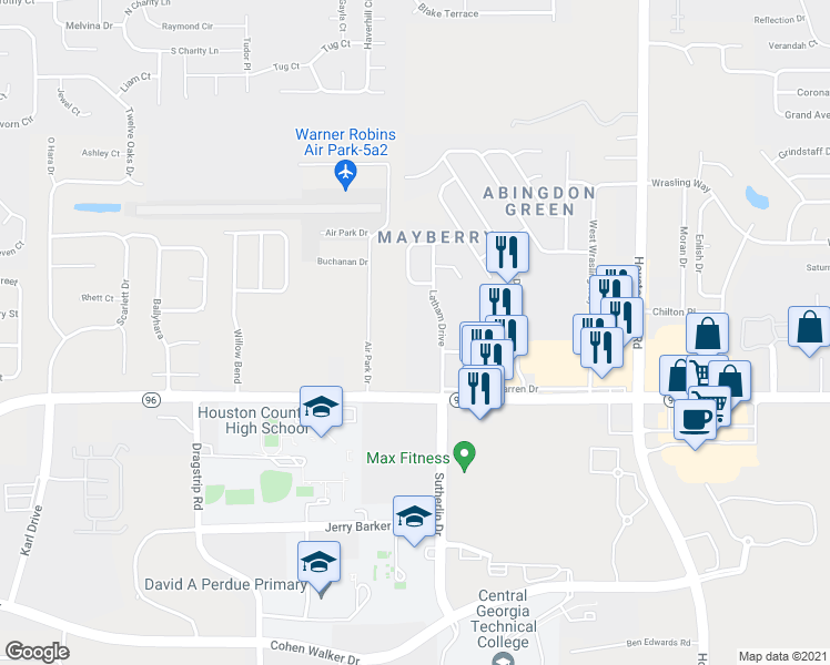 map of restaurants, bars, coffee shops, grocery stores, and more near 109 Latham Drive in Warner Robins