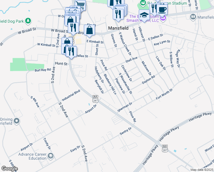 map of restaurants, bars, coffee shops, grocery stores, and more near 530 Hollyberry Drive in Mansfield