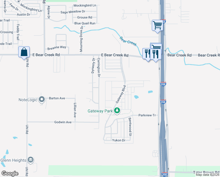 map of restaurants, bars, coffee shops, grocery stores, and more near 1809 Wildwood Lane in Glenn Heights