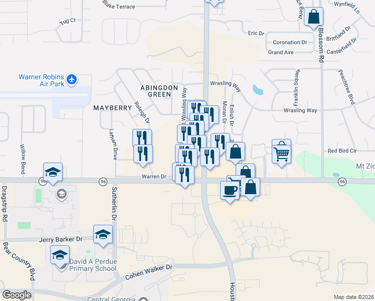 map of restaurants, bars, coffee shops, grocery stores, and more near 1291 South Houston Lake Road in Warner Robins
