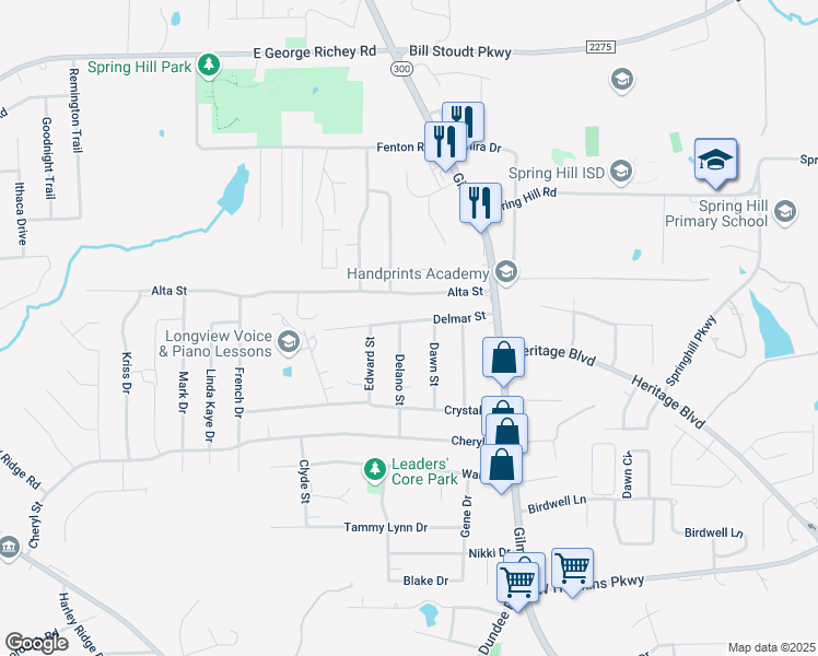 map of restaurants, bars, coffee shops, grocery stores, and more near 407 Dawn Street in Longview