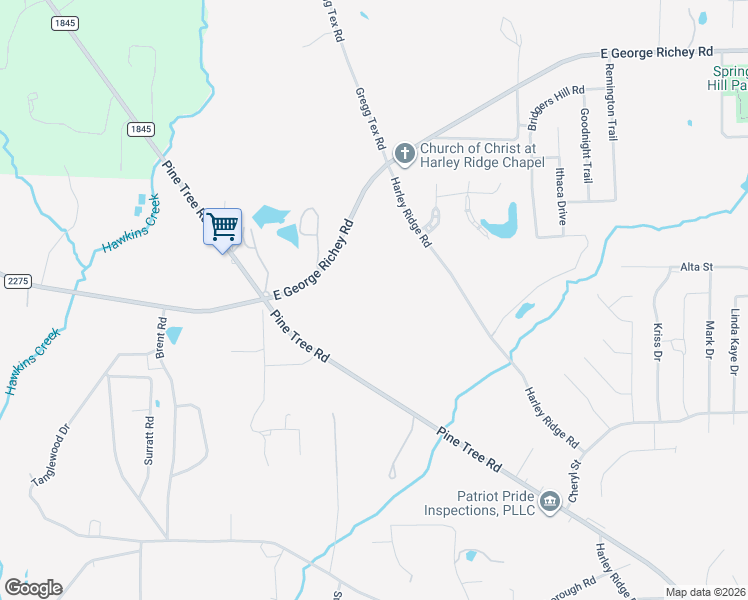 map of restaurants, bars, coffee shops, grocery stores, and more near 4616 Pine Tree Road in Longview