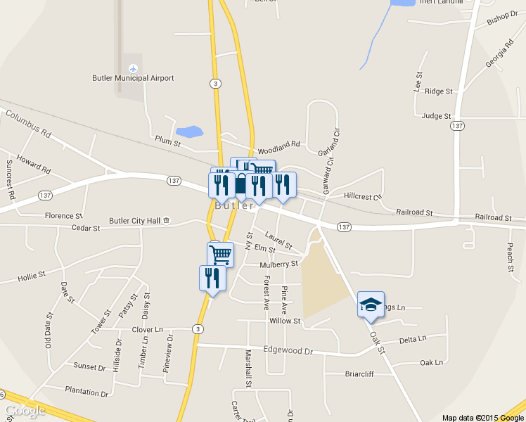 map of restaurants, bars, coffee shops, grocery stores, and more near 103 Ivy Street in Butler