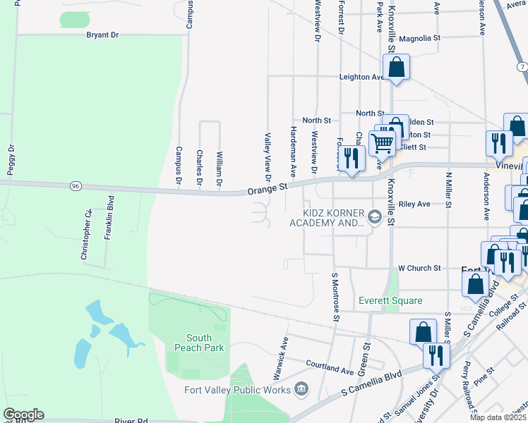 map of restaurants, bars, coffee shops, grocery stores, and more near 1201-1227 Orange Street in Fort Valley