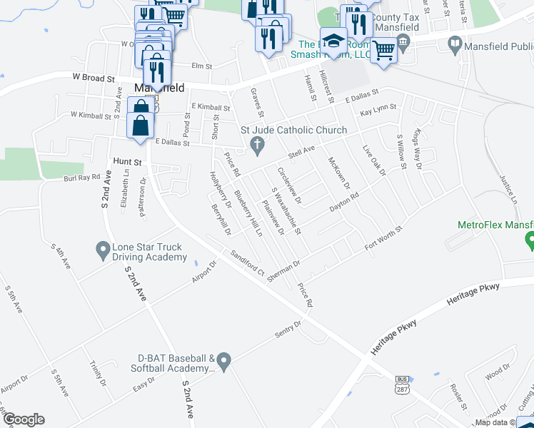 map of restaurants, bars, coffee shops, grocery stores, and more near 606 Plainview Drive in Mansfield