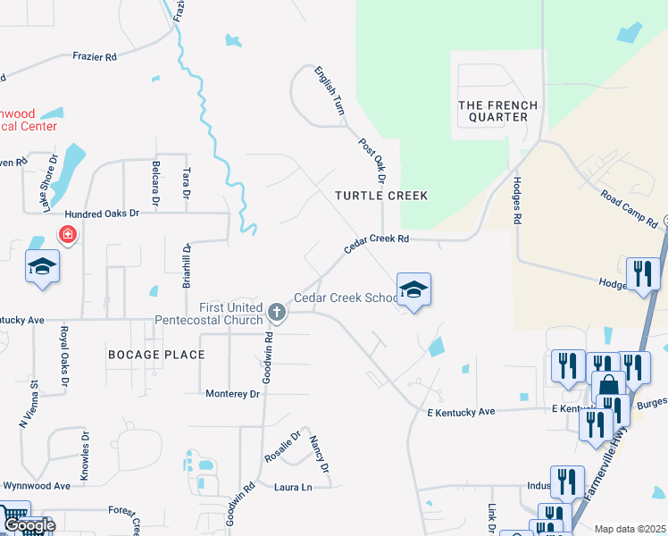map of restaurants, bars, coffee shops, grocery stores, and more near 1002 Cedar Creek Road in Ruston