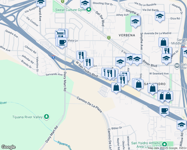 map of restaurants, bars, coffee shops, grocery stores, and more near 611 West San Ysidro Boulevard in San Diego