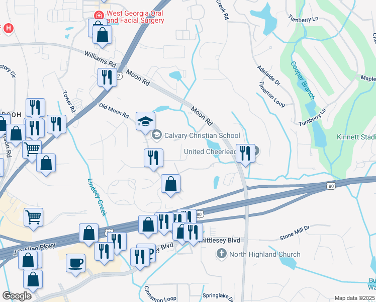 map of restaurants, bars, coffee shops, grocery stores, and more near 7482 Old Moon Road in Columbus