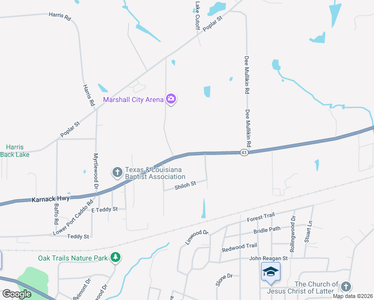 map of restaurants, bars, coffee shops, grocery stores, and more near 3401 Karnack Highway in Marshall