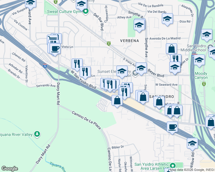 map of restaurants, bars, coffee shops, grocery stores, and more near 3645 Sunset Lane in San Diego