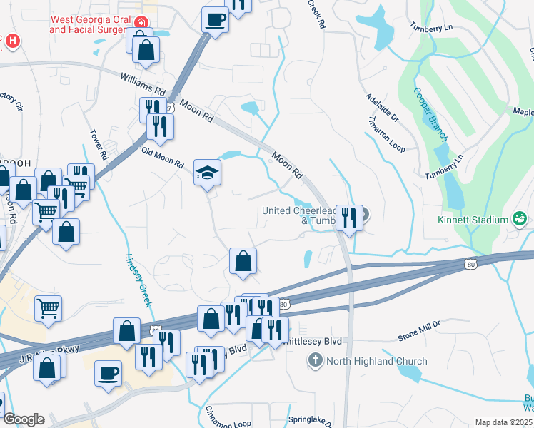 map of restaurants, bars, coffee shops, grocery stores, and more near 7482 Old Moon Road in Columbus