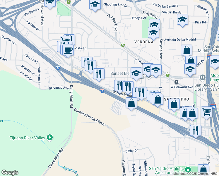 map of restaurants, bars, coffee shops, grocery stores, and more near 567 West San Ysidro Boulevard in San Diego