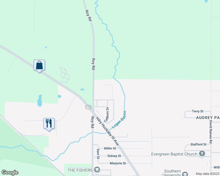 map of restaurants, bars, coffee shops, grocery stores, and more near Cadbury Court in Shreveport