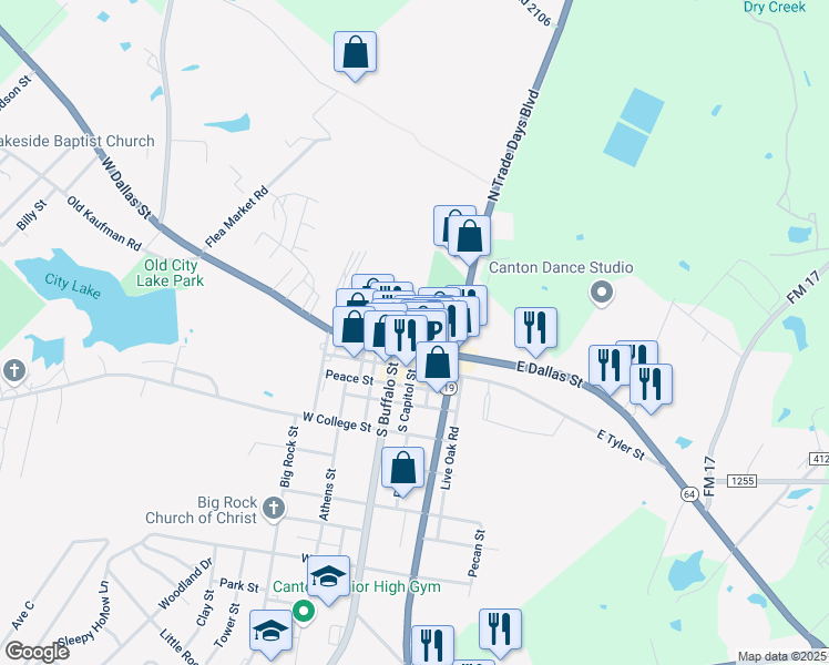 map of restaurants, bars, coffee shops, grocery stores, and more near 201 North Buffalo Street in Canton