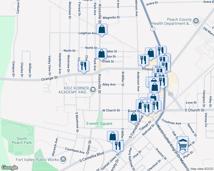 map of restaurants, bars, coffee shops, grocery stores, and more near 515 Riley Avenue in Fort Valley
