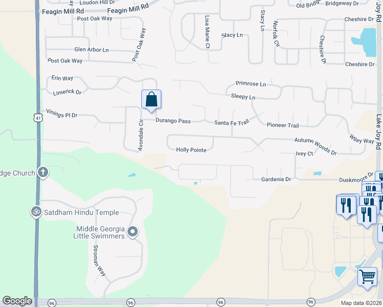 map of restaurants, bars, coffee shops, grocery stores, and more near 161 Holly Pointe in Warner Robins
