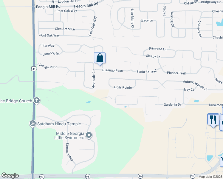 map of restaurants, bars, coffee shops, grocery stores, and more near 152 Holly Pointe in Warner Robins