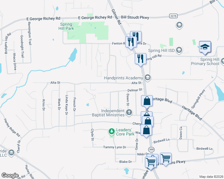 map of restaurants, bars, coffee shops, grocery stores, and more near 201 Alta Street in Longview