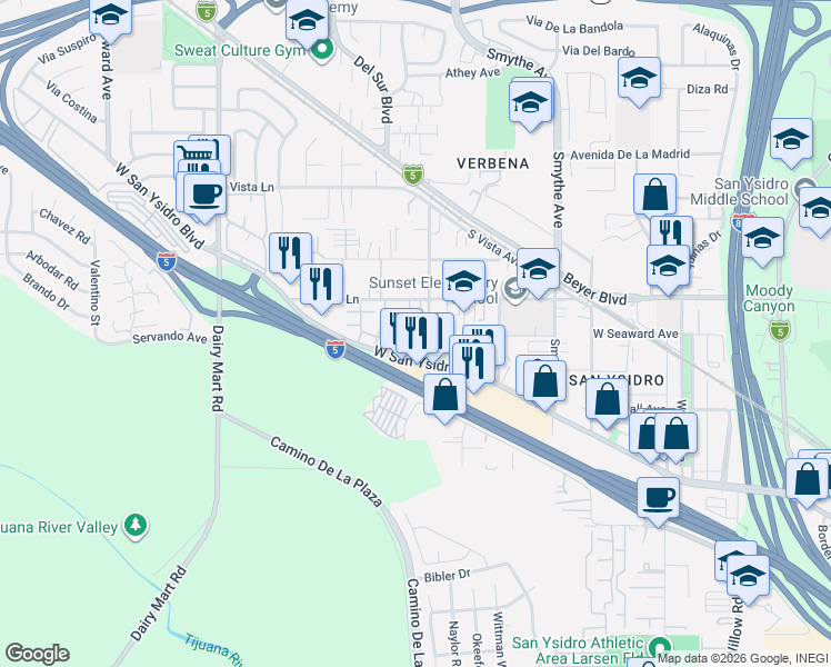 map of restaurants, bars, coffee shops, grocery stores, and more near 3645 Sunset Lane in San Diego