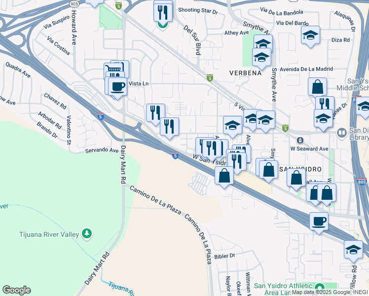 map of restaurants, bars, coffee shops, grocery stores, and more near 591 West San Ysidro Boulevard in San Diego