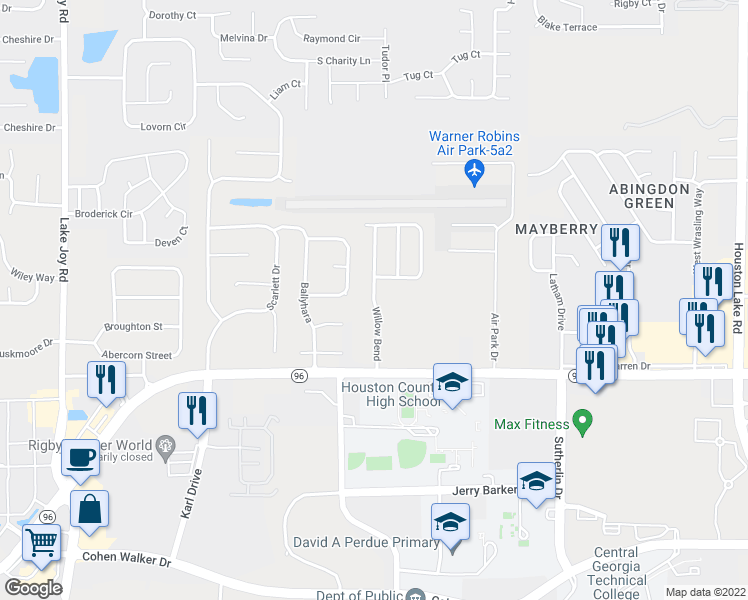 map of restaurants, bars, coffee shops, grocery stores, and more near 1220 Willow Bend in Warner Robins