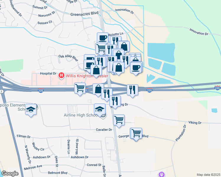 map of restaurants, bars, coffee shops, grocery stores, and more near Highway 3105 in Bossier City