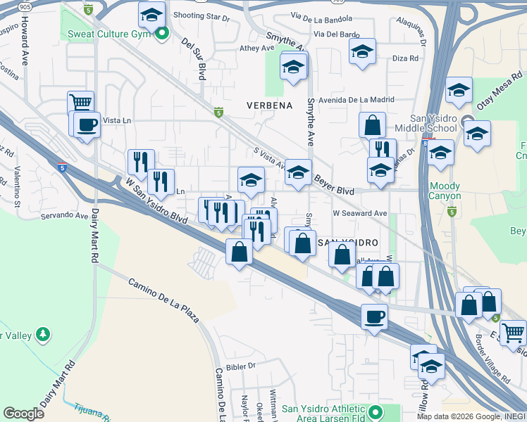 map of restaurants, bars, coffee shops, grocery stores, and more near 3765 Sunset Lane in San Diego