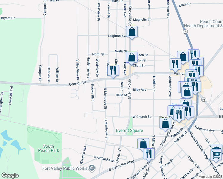 map of restaurants, bars, coffee shops, grocery stores, and more near 601-699 Elberta Street in Fort Valley