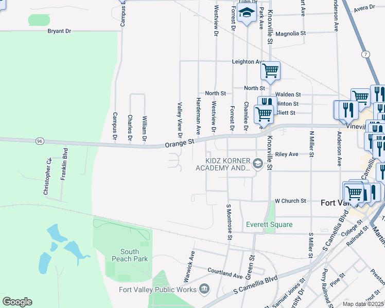 map of restaurants, bars, coffee shops, grocery stores, and more near Valley Pines Road in Fort Valley