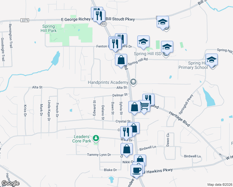 map of restaurants, bars, coffee shops, grocery stores, and more near 103 Alta Street in Longview