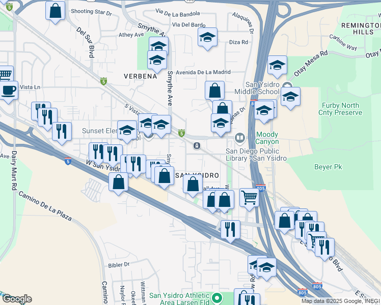 map of restaurants, bars, coffee shops, grocery stores, and more near 175 West Seaward Avenue in San Diego