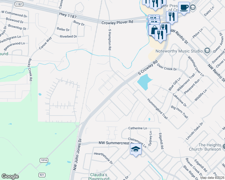 map of restaurants, bars, coffee shops, grocery stores, and more near 141 Lone Oak Drive in Crowley