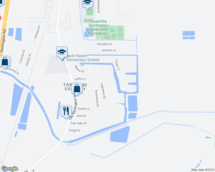 map of restaurants, bars, coffee shops, grocery stores, and more near 23 Lakeview Drive in Monroe