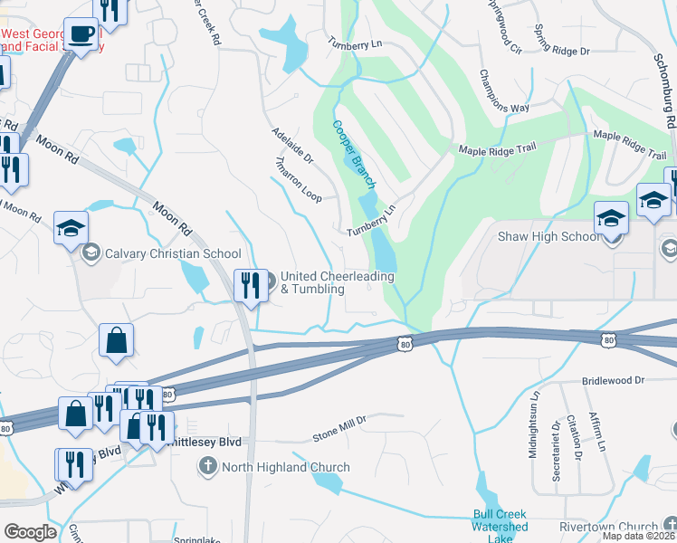 map of restaurants, bars, coffee shops, grocery stores, and more near 5123 Boone Links Lane in Columbus