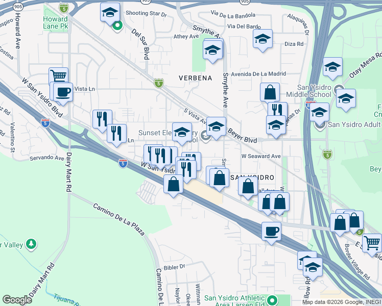 map of restaurants, bars, coffee shops, grocery stores, and more near 3765 Sunset Lane in San Diego