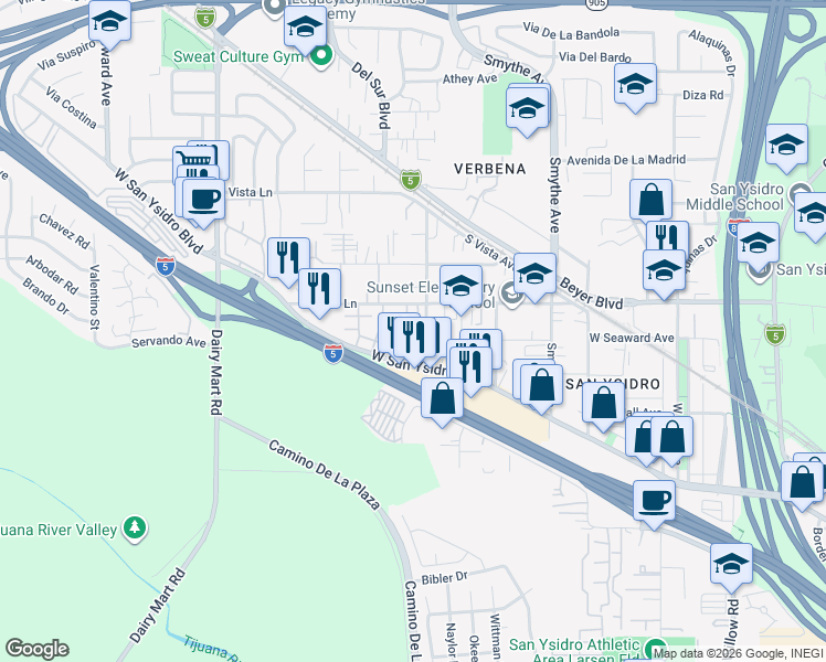 map of restaurants, bars, coffee shops, grocery stores, and more near 3645 Sunset Lane in San Diego