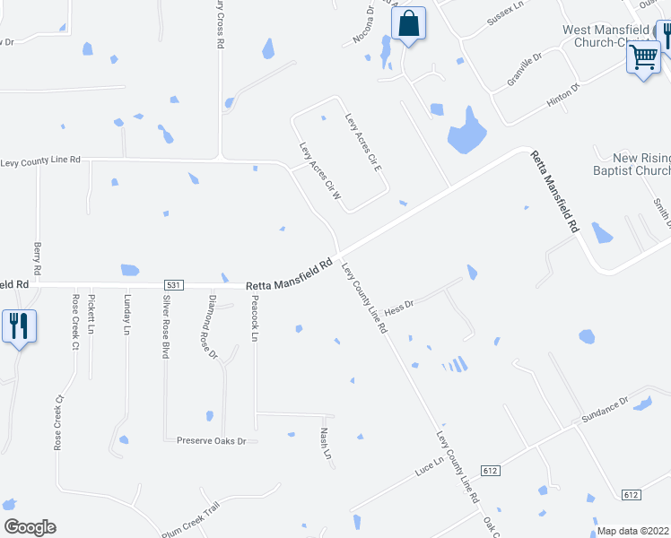 map of restaurants, bars, coffee shops, grocery stores, and more near 7900 Levy County Line Road in Mansfield