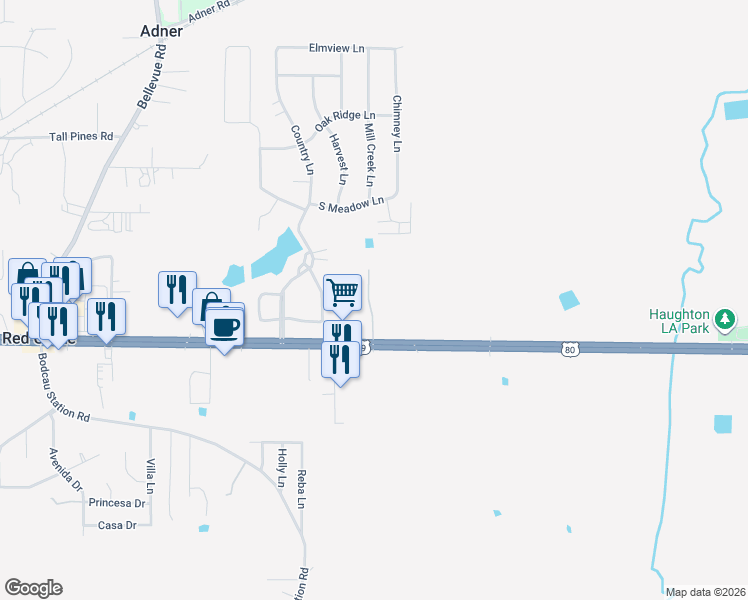 map of restaurants, bars, coffee shops, grocery stores, and more near 125 Oakhaven Drive in Haughton