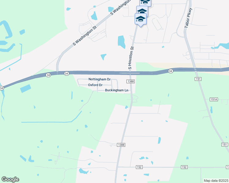 map of restaurants, bars, coffee shops, grocery stores, and more near 1541 Buckingham Lane in Kaufman