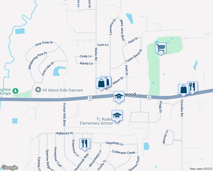 map of restaurants, bars, coffee shops, grocery stores, and more near 107 Lawrence Drive in Haughton