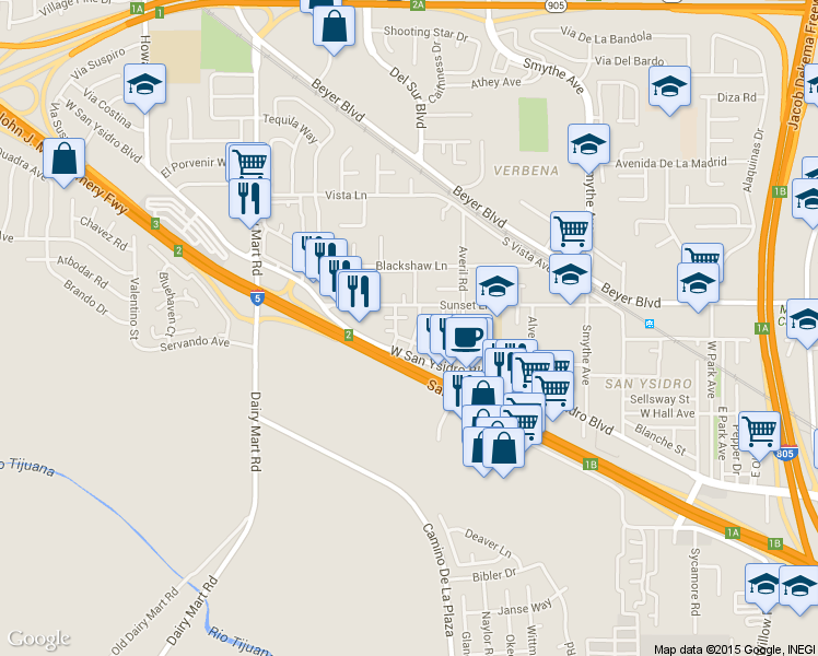 map of restaurants, bars, coffee shops, grocery stores, and more near 611 West San Ysidro Boulevard in San Diego