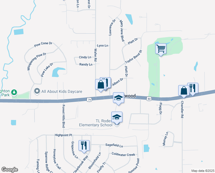 map of restaurants, bars, coffee shops, grocery stores, and more near 107 Lawrence Drive in Haughton