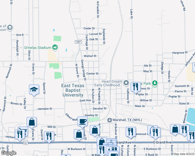 map of restaurants, bars, coffee shops, grocery stores, and more near 1501 North Franklin Street in Marshall
