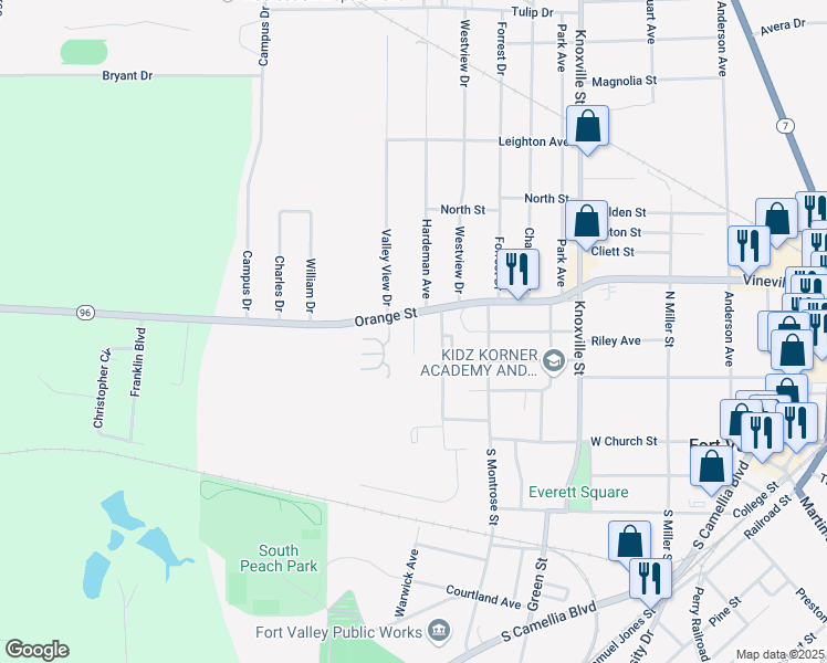 map of restaurants, bars, coffee shops, grocery stores, and more near Valley Pines Road in Fort Valley