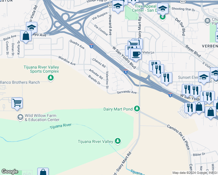 map of restaurants, bars, coffee shops, grocery stores, and more near 2165 Valentino Street in San Diego