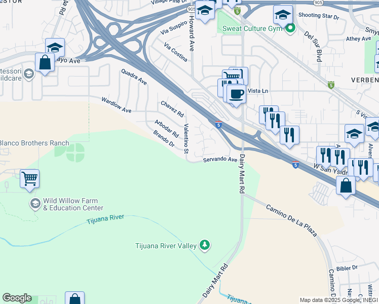 map of restaurants, bars, coffee shops, grocery stores, and more near 2165 Valentino Street in San Diego