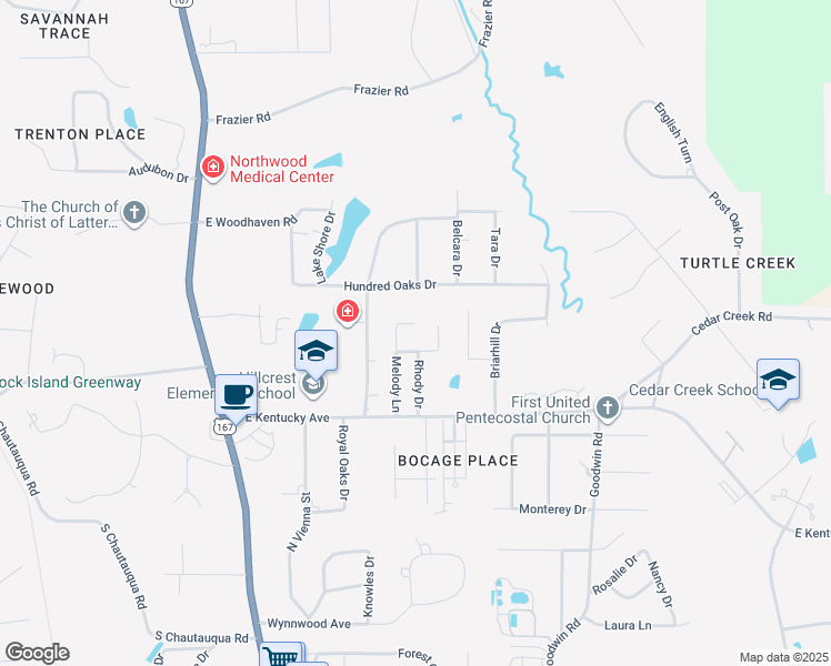 map of restaurants, bars, coffee shops, grocery stores, and more near 2550 Melody Lane in Ruston